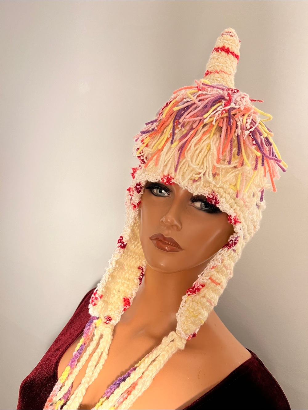 Cream Multicolor Hand-Knit Unicorn Earflap Hat